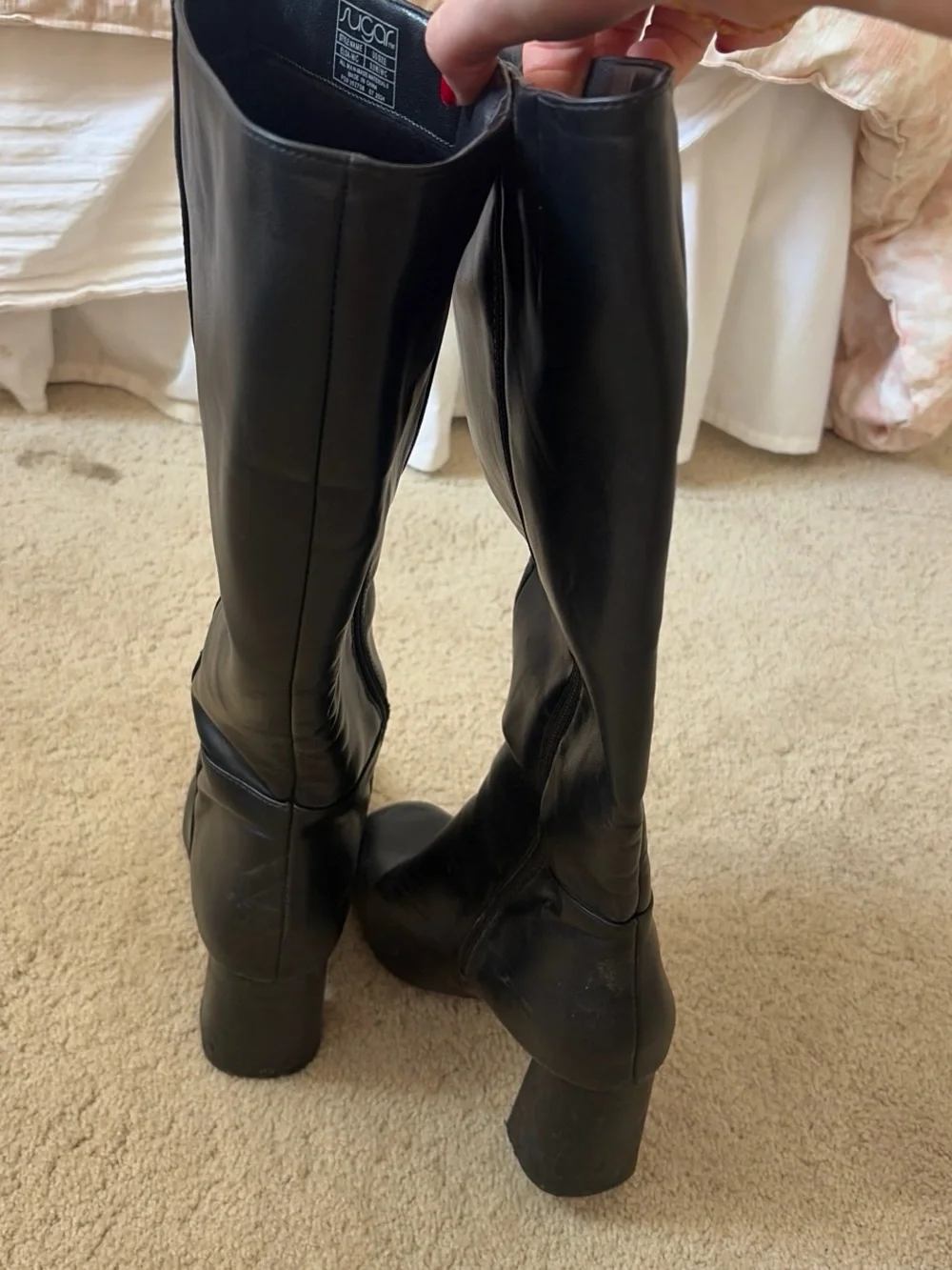 Sugar Black Leather Knee-High Block Heel Boots